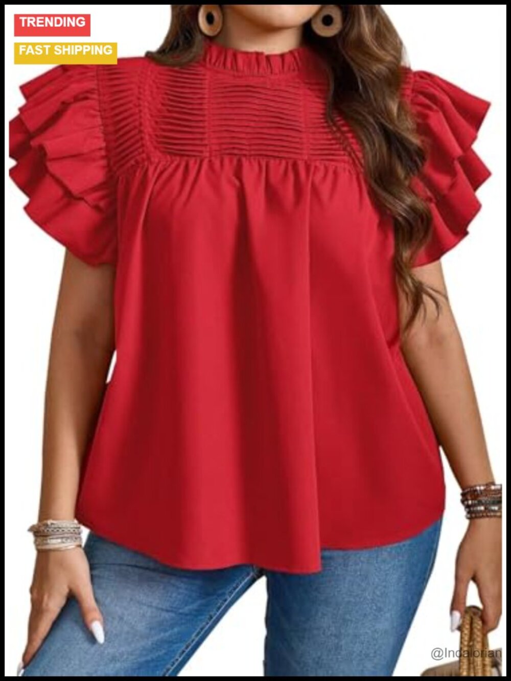 Womens Plus Size Ruffle Sleeve Pleated Mock Neck Loose Fit Summer Top